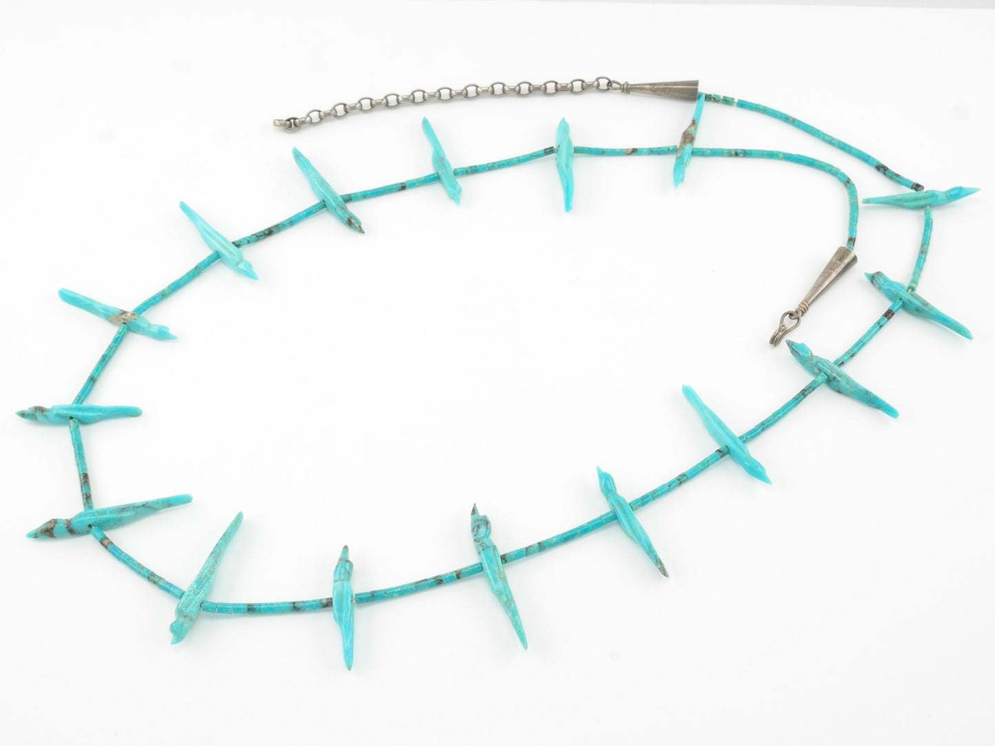 Vintage Zuni Blue Carved Turquoise Heishi Fetish Sterling Silver Necklace