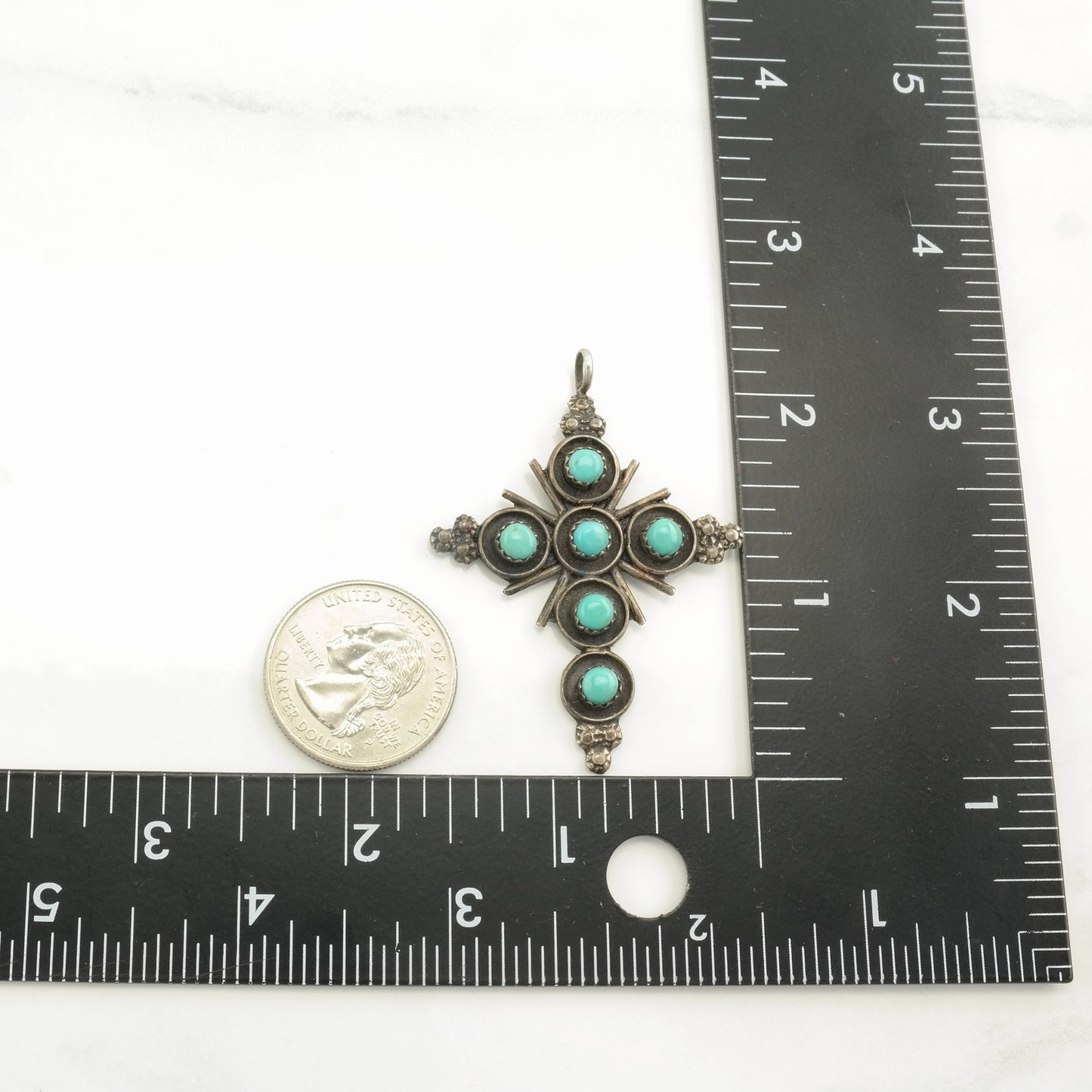 Vintage Zuni Turquoise Cross, Snake Eye Sterling Silver Pendant