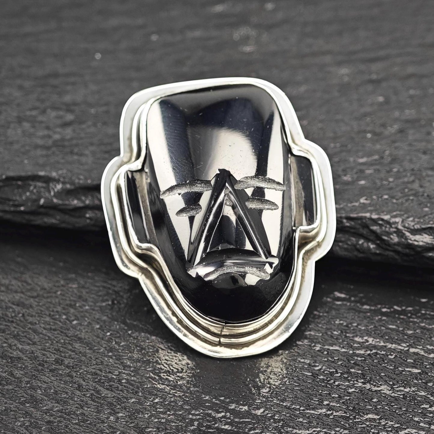 Vintage Carved Mask Brooch Sterling Silver