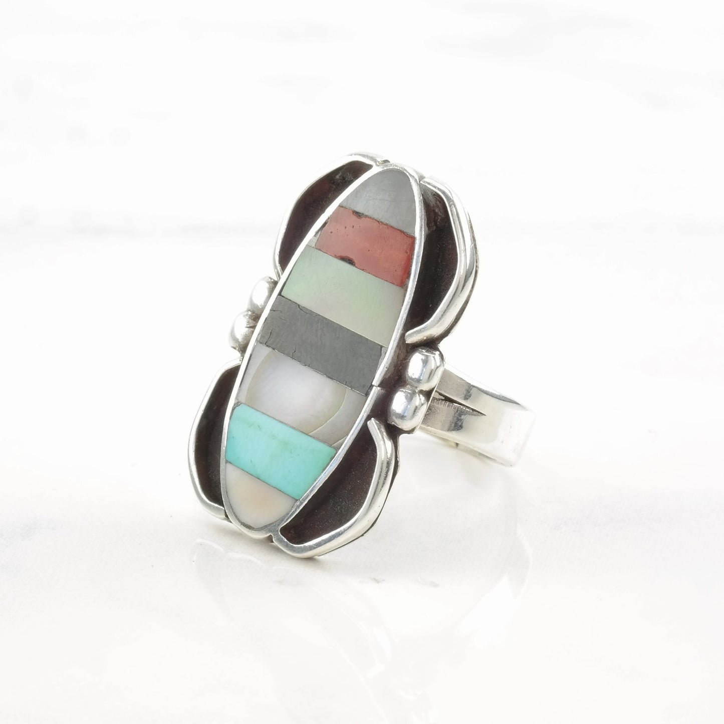 Vintage Native American Sterling Silver Ring MOP, Multi Gem Inlay Size 5 3/4