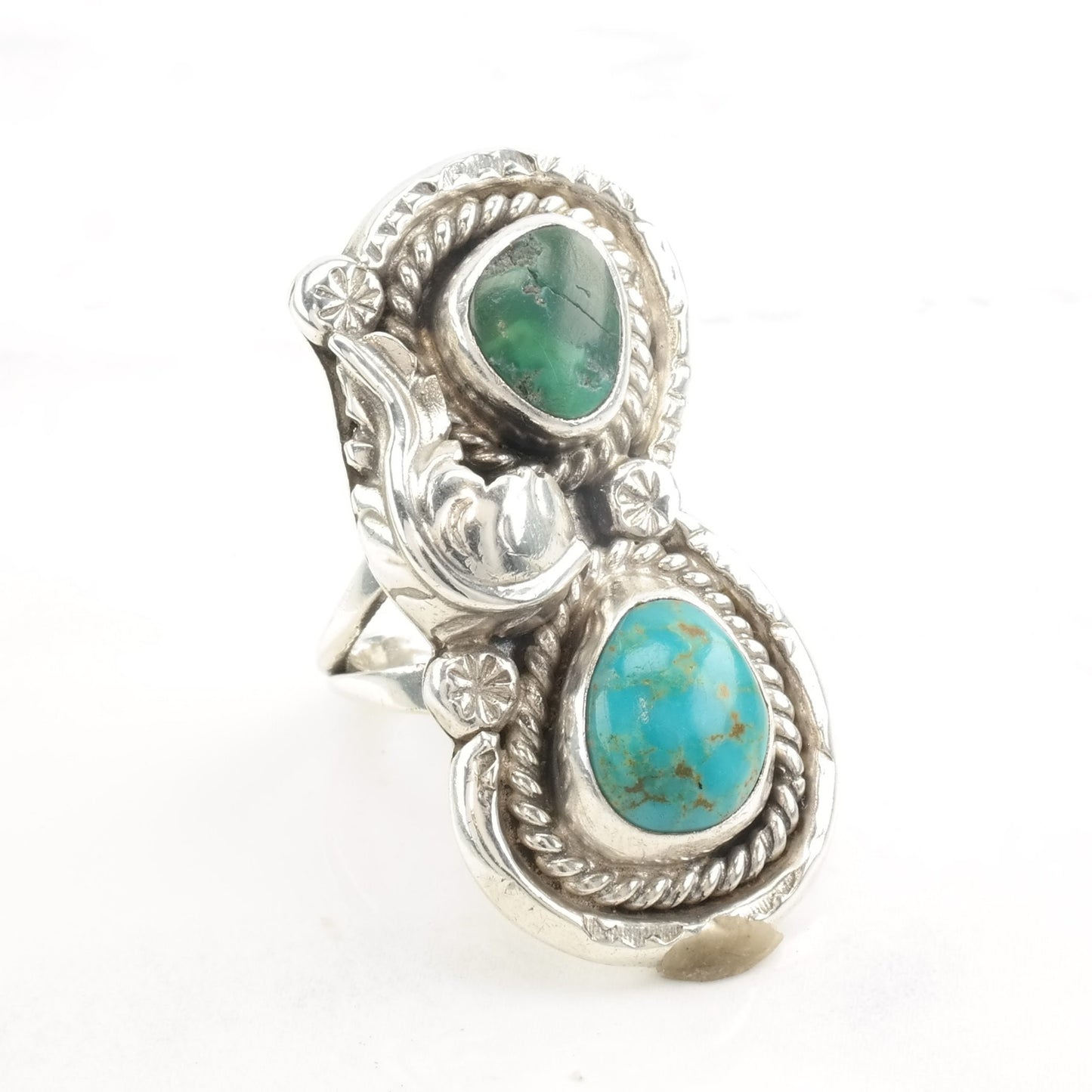 Vintage Native American Silver Ring Two Turquoise Leaf Size 6 3/4