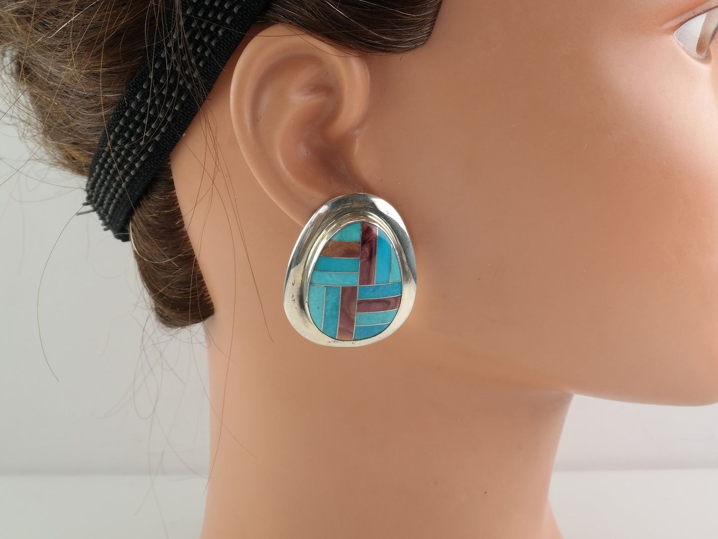 DTR Sterling Silver Turquoise Abalone Inlay Earrings Stud