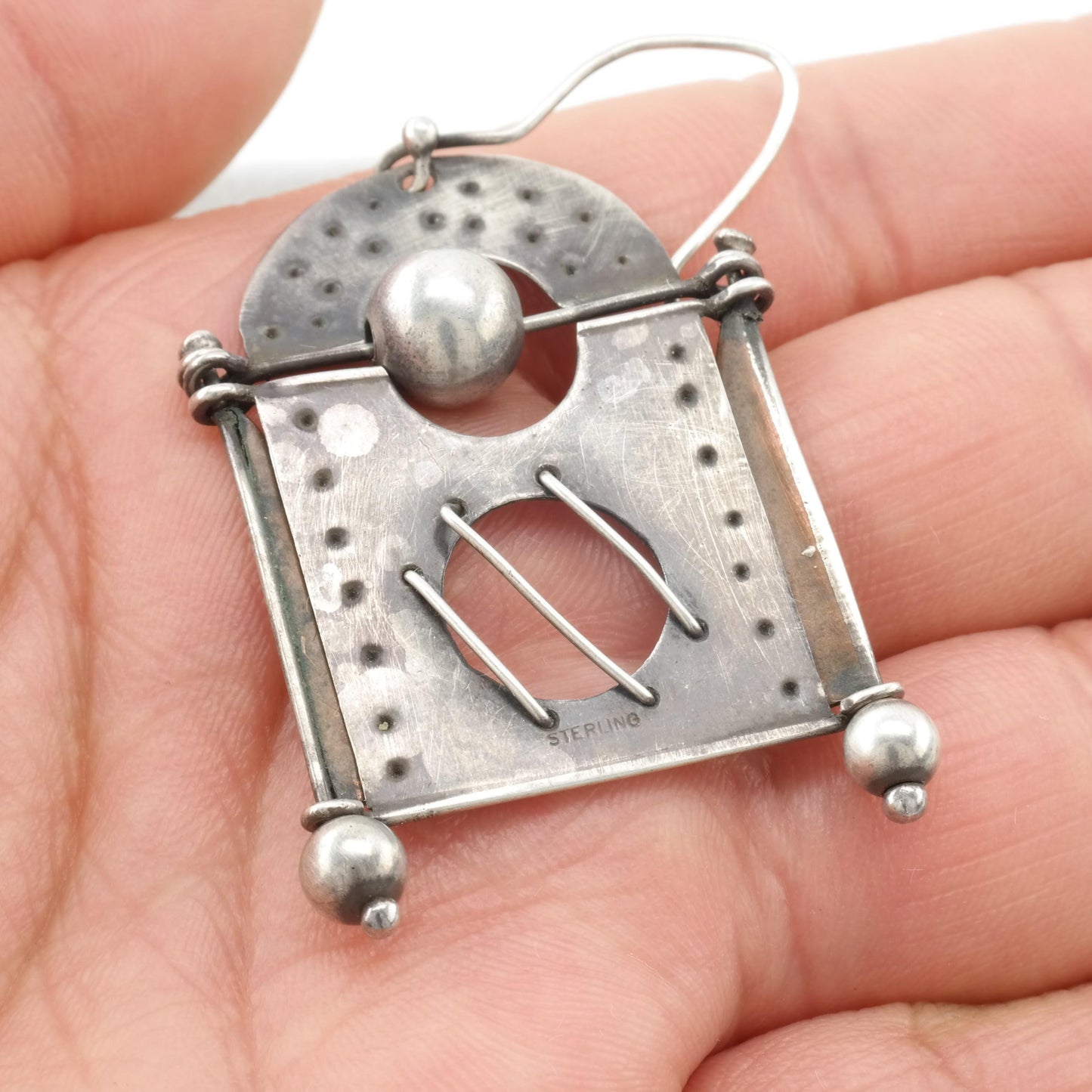 Vintage Sterling Silver Fish Hook Earrings Abstract Copper Abstract