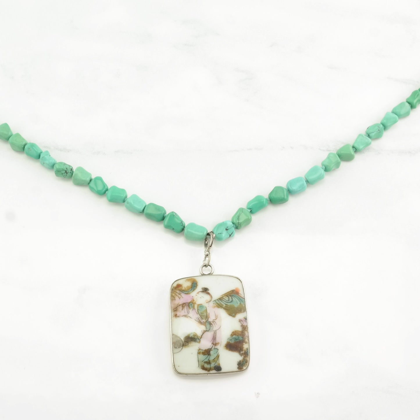 Vintage Antique Chinese Sterling Silver Turquoise, Porcelain Removeable pendant Necklace