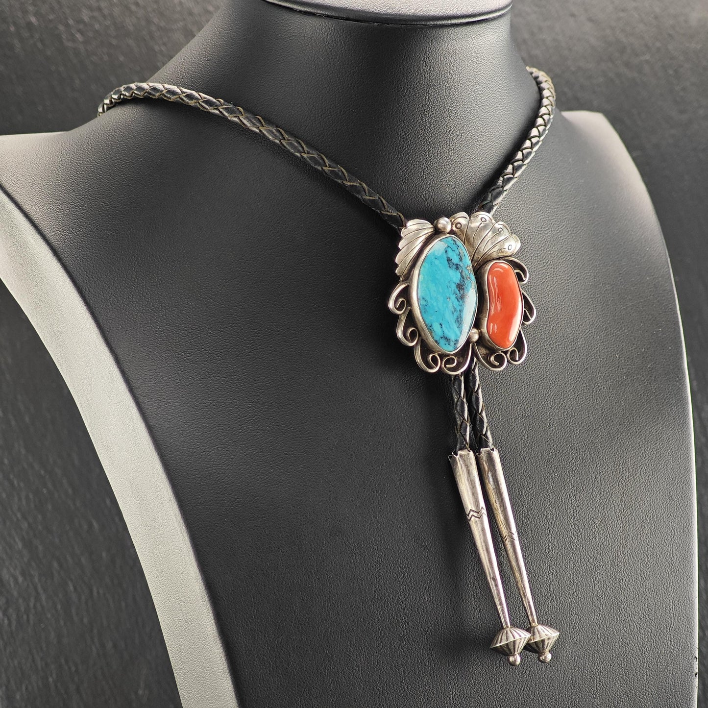 Native American Bolo Tie Necklace with Blue Turquoise, Red Coral Floral Design Sterling Silver