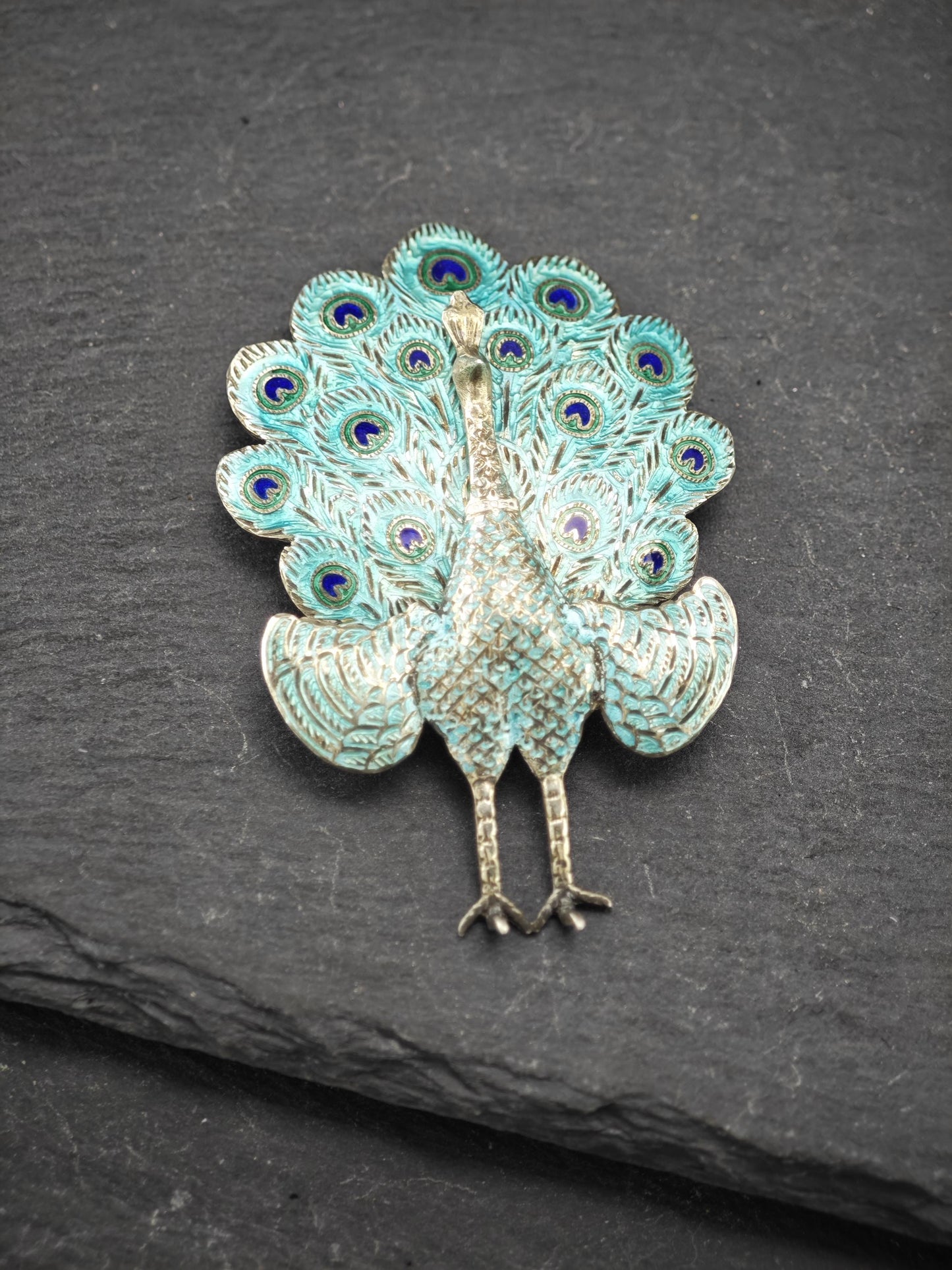 Vintage Siam, Enamel, Peacock Sterling Silver Brooch