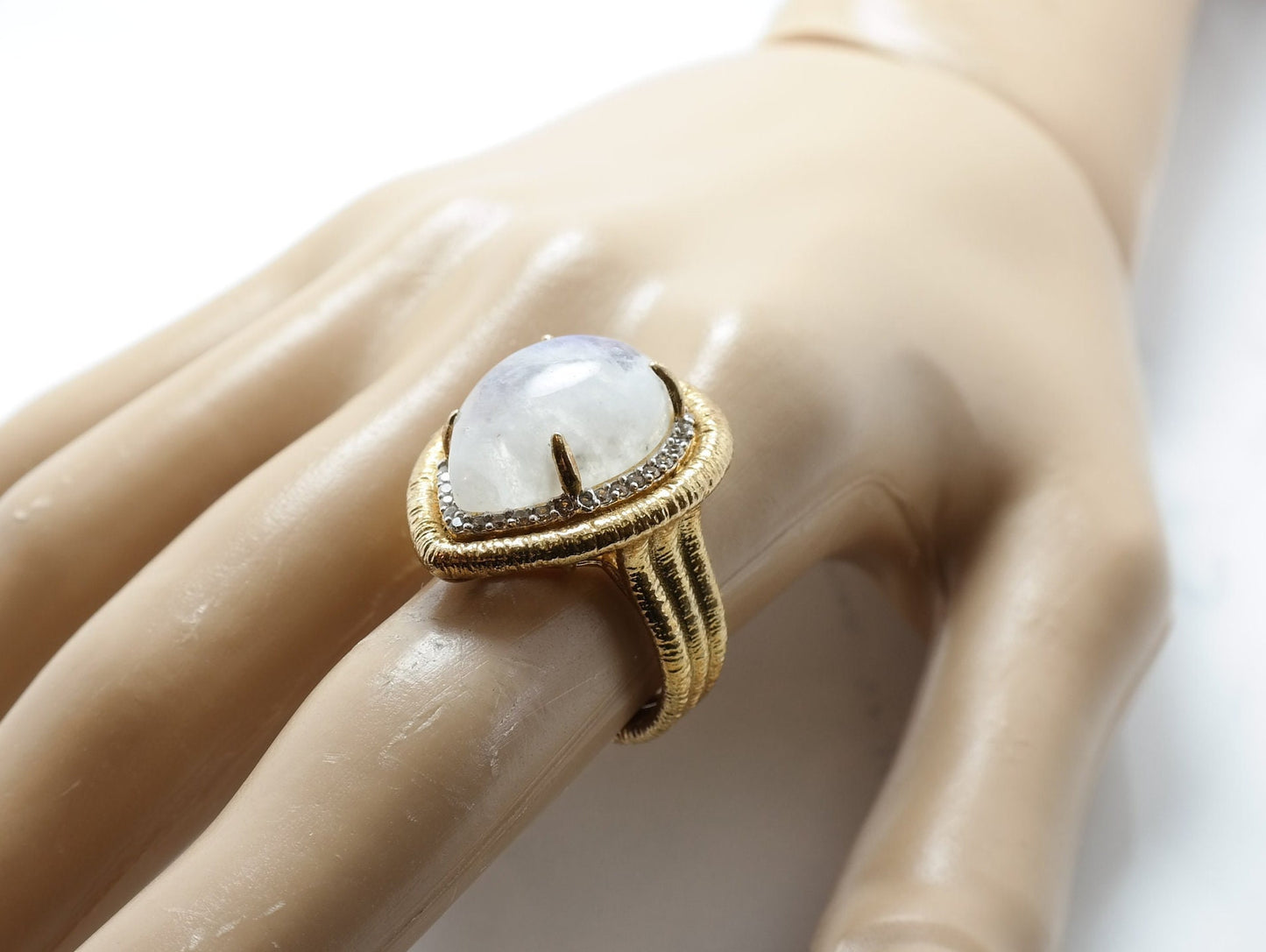 Vintage Sterling Silver Ring Moonstone White Spinel Gold Plated Size 7