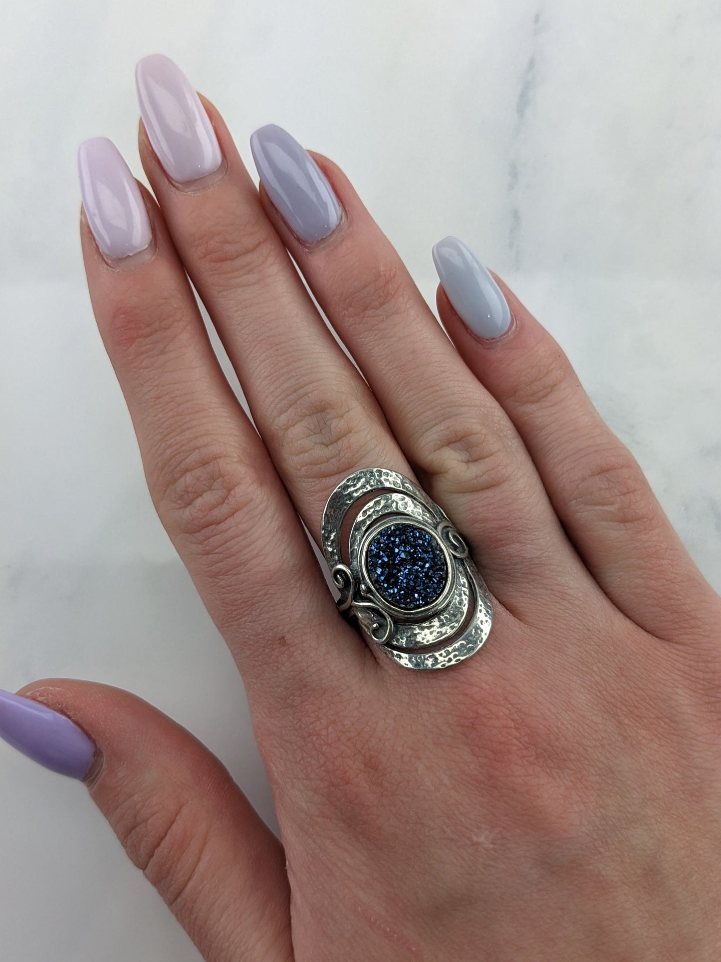 Vintage Modernist Silver Ring Druzy Shield Sterling Blue Size 8 1/4