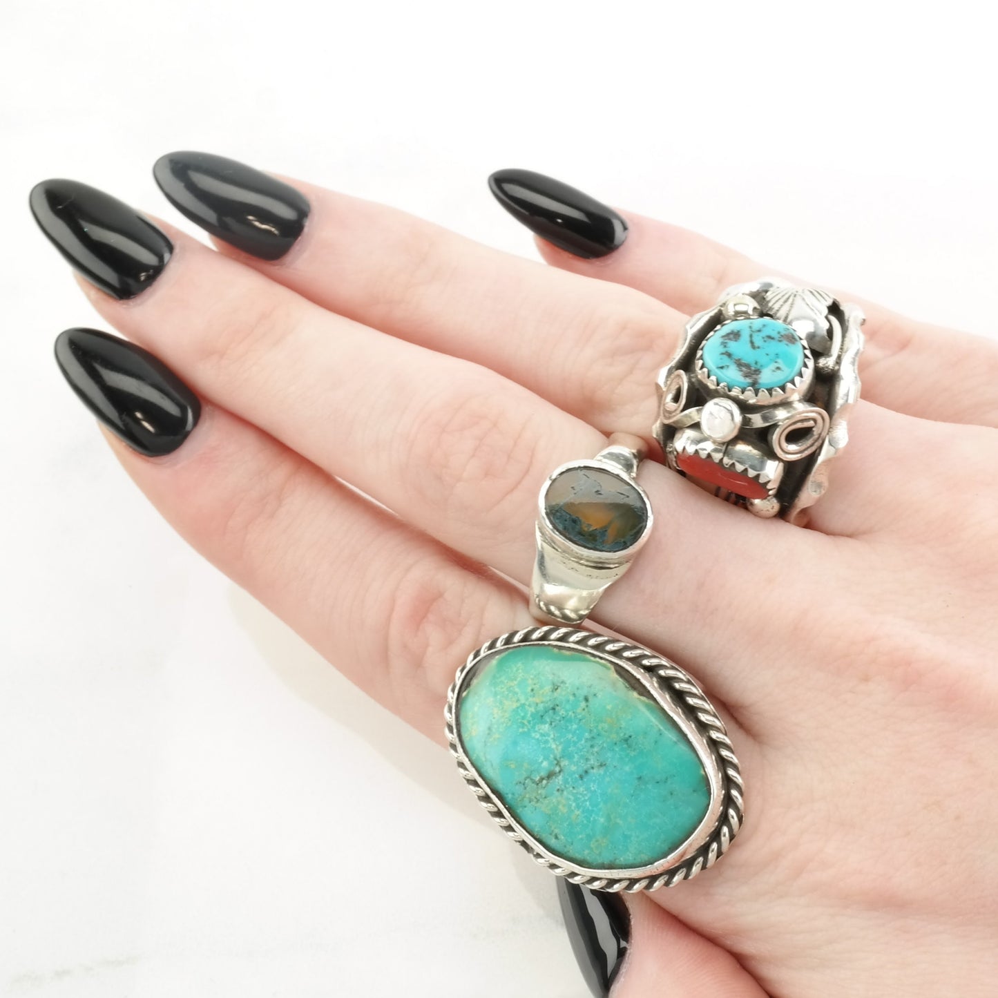 Vintage Sterling Silver Ring Dendric Agate Modernist Size 6 1/4