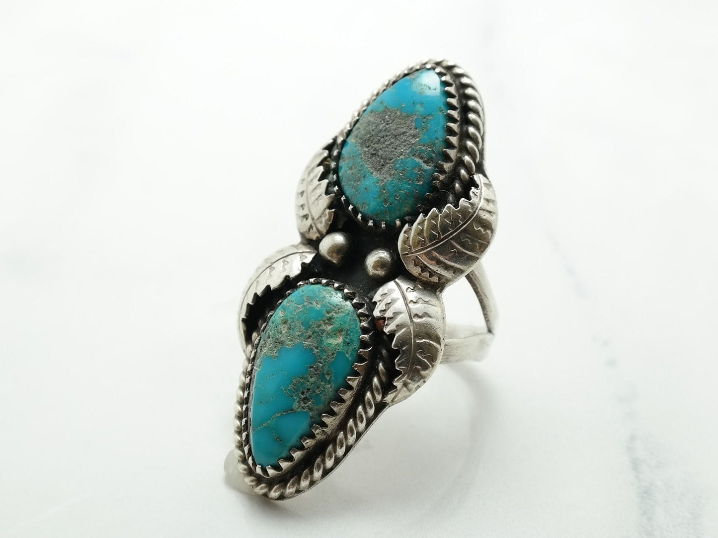 Vintage Native American Turquoise Ring, Sterling Silver Navette Ring with Leaf Design, Size 6 1/2