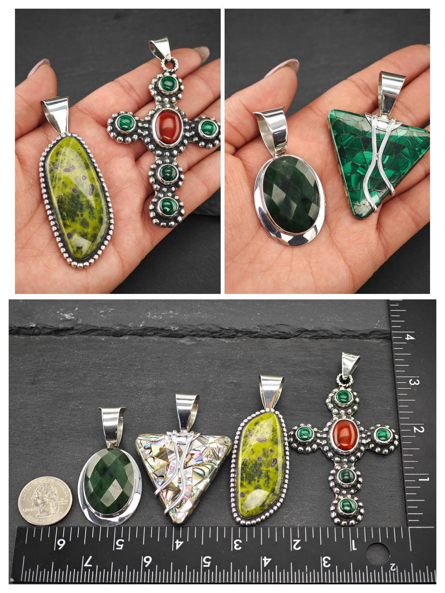 Choice of Vintage Green Gemstone Pendants Sterling Silver P2704