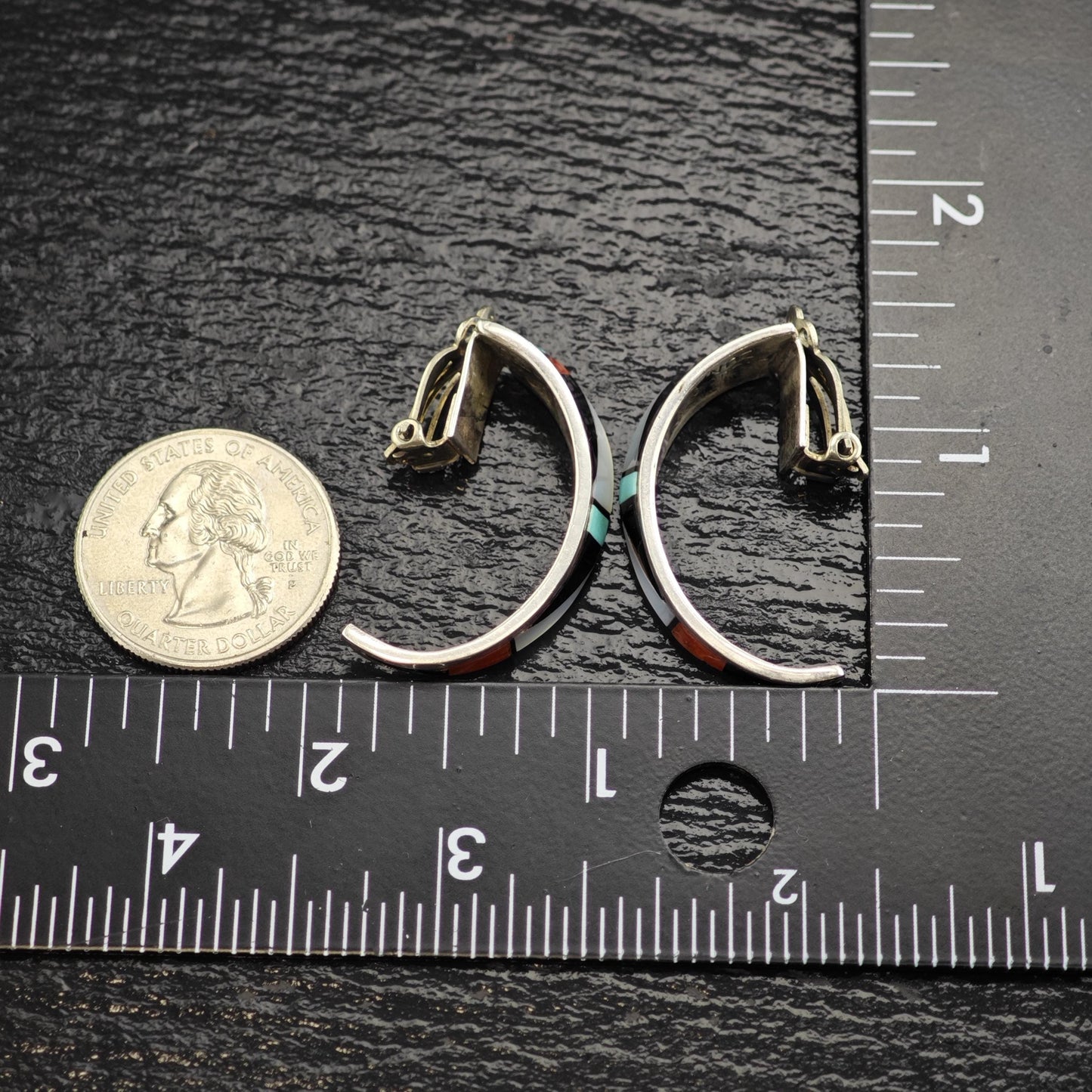 Vintage Native American Zuni Inlay, Half Hoop Clip On Earrings Sterling Silver ER3107