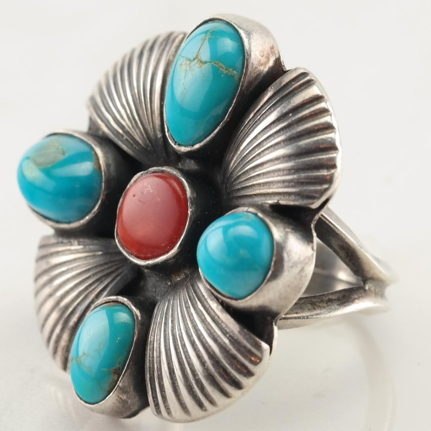 Vintage Native American Silver Ring Turquoise, Coral Floral Sterling Size 7