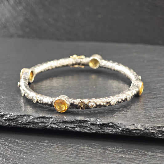Brutalist 18K Gold Accent Citrine, Diamond Bangle Bracelet Sterling Silver