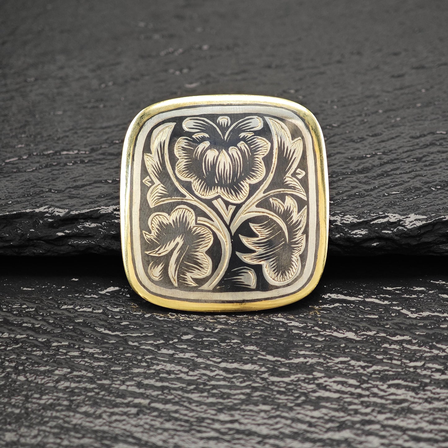 Vintage Soviet Gold Gilded, Niello Sterling Silver Brooch