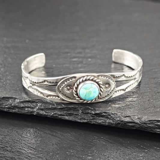 Native American Turquoise, Stamped Cuff Bracelet Sterling Silver