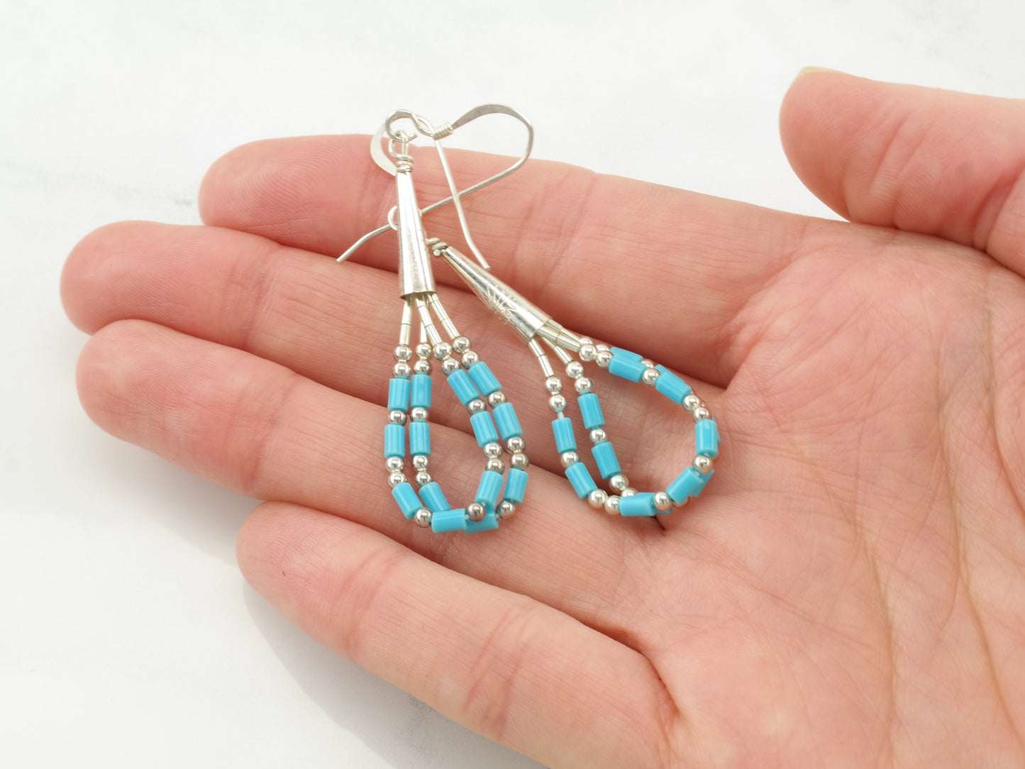 Southwestern Blue Block Liquid Turquoise Bead Earrings Sterling Silver Dangle Fish Hook
