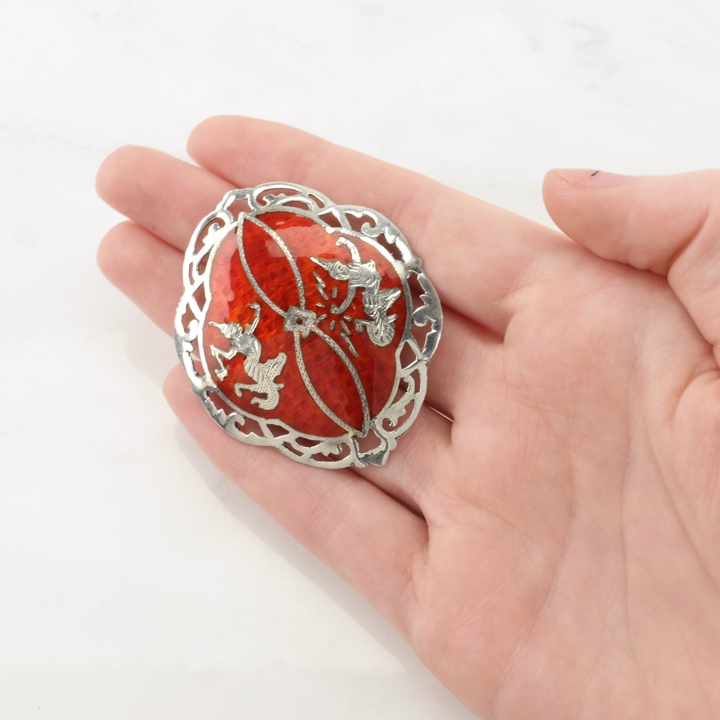 Orange Silver Brooch Dancing Goddesses Enamel, Niello Sterling B1912