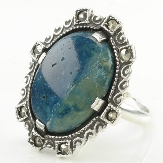 Vintage Art Deco Silver Ring Gemstone Marcasite Sterling Blue Size 3 1/2