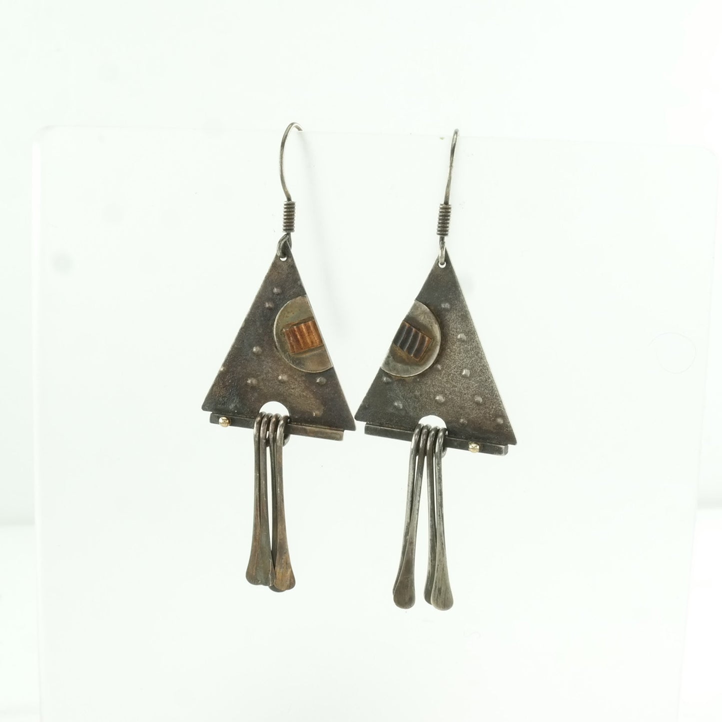 Vintage Sterling Silver Fish Hook/Dangle Earrings MCM, Modernist Abstract Triangular, Copper Inlay
