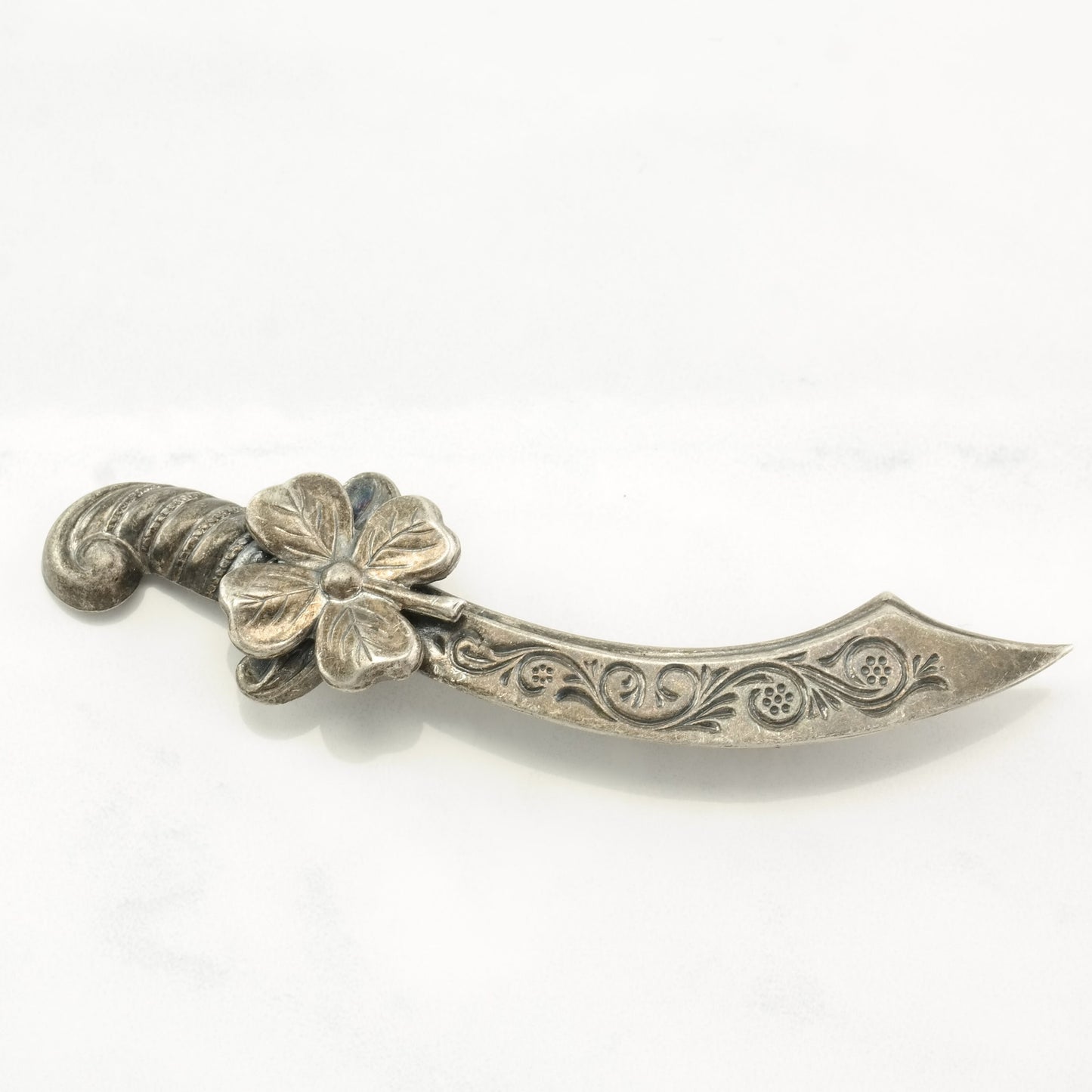 Vintage Brooch Floral, Four Leaf Clover Scimitar Sterling Silver