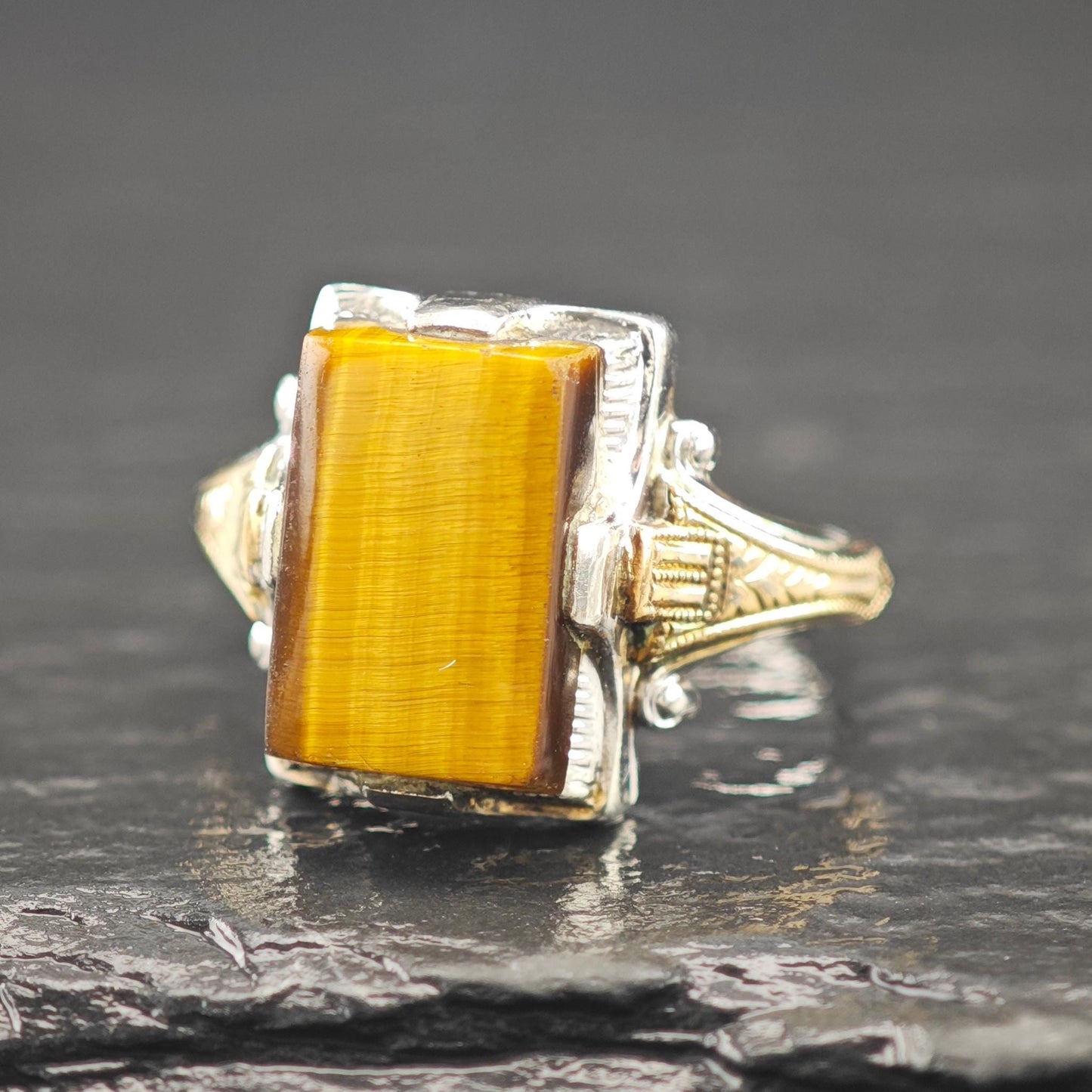 Art Deco Ring Sterling Silver Tiger Eye 10K Gold Filled Accent