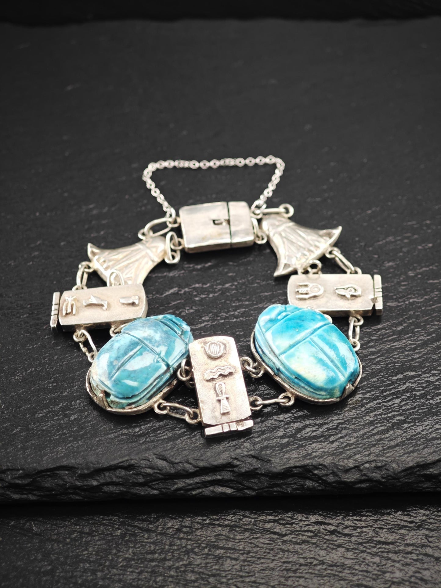 Egyptian Revival Cartouche & Carved Scarab Bracelet Sterling Silver