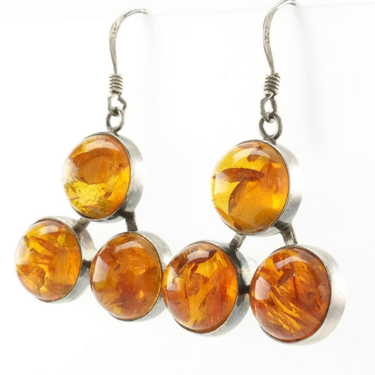 Sterling Silver Baltic Amber 3 Stone Earrings Fish hook/Dangle