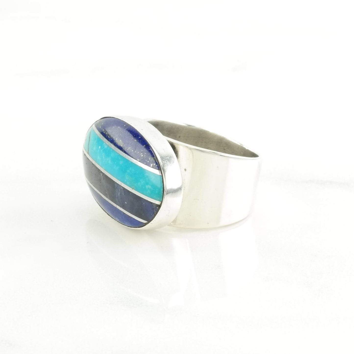 Vintage DTR Silver Ring Turquoise, Lapis Lazuli Inlay, Striped Sterling Blue Size 7 1/4