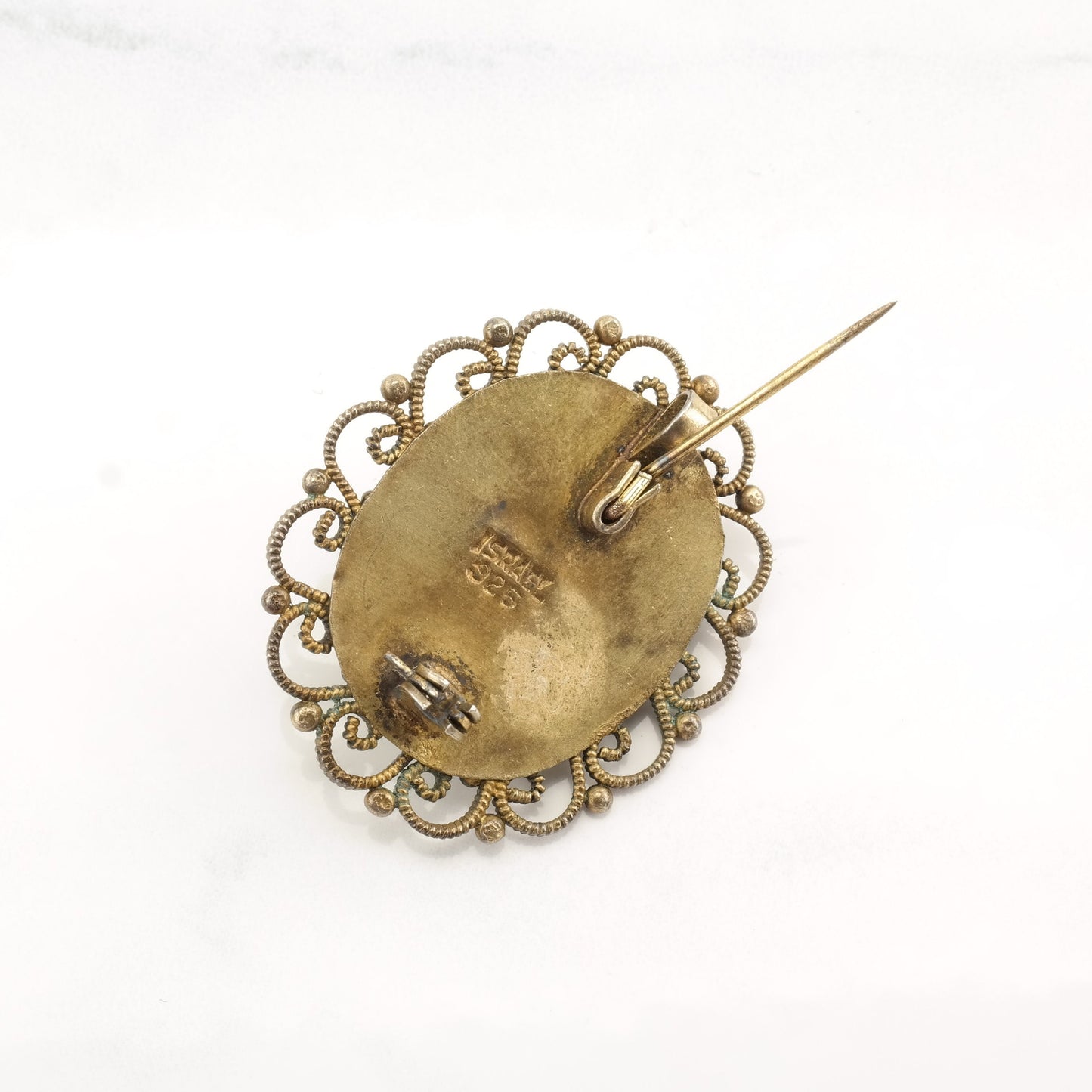 Israel Sterling Silver Brooch Pendant Filigree Gold Filled Cabochon