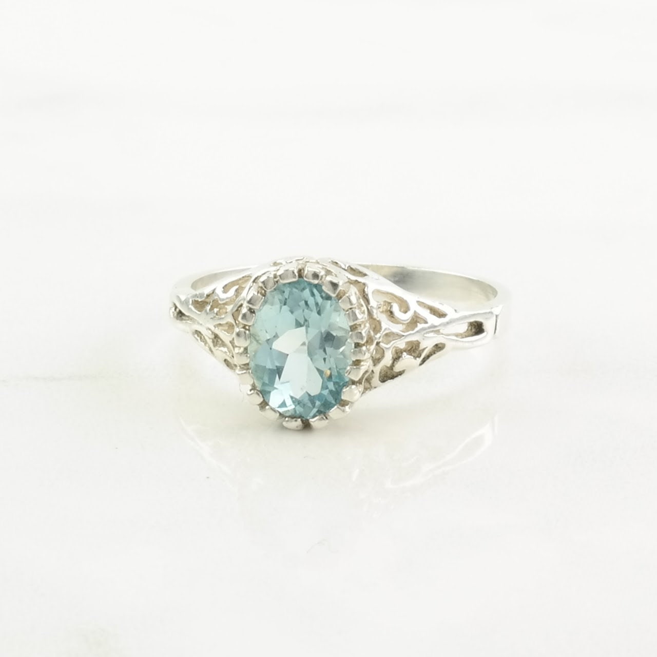 Vintage Sterling Silver Ring, Topaz Filigree Blue Size 8 3/4