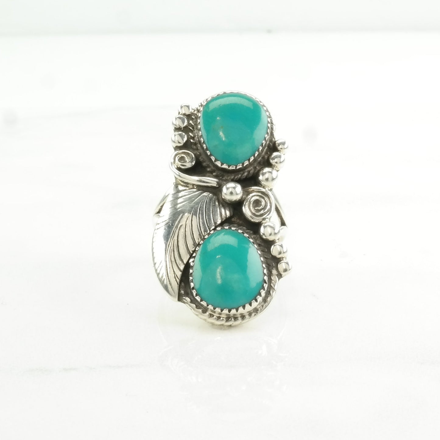 Vintage Native American Silver Ring Turquoise Leaf Sterling Blue Size 6 3/4