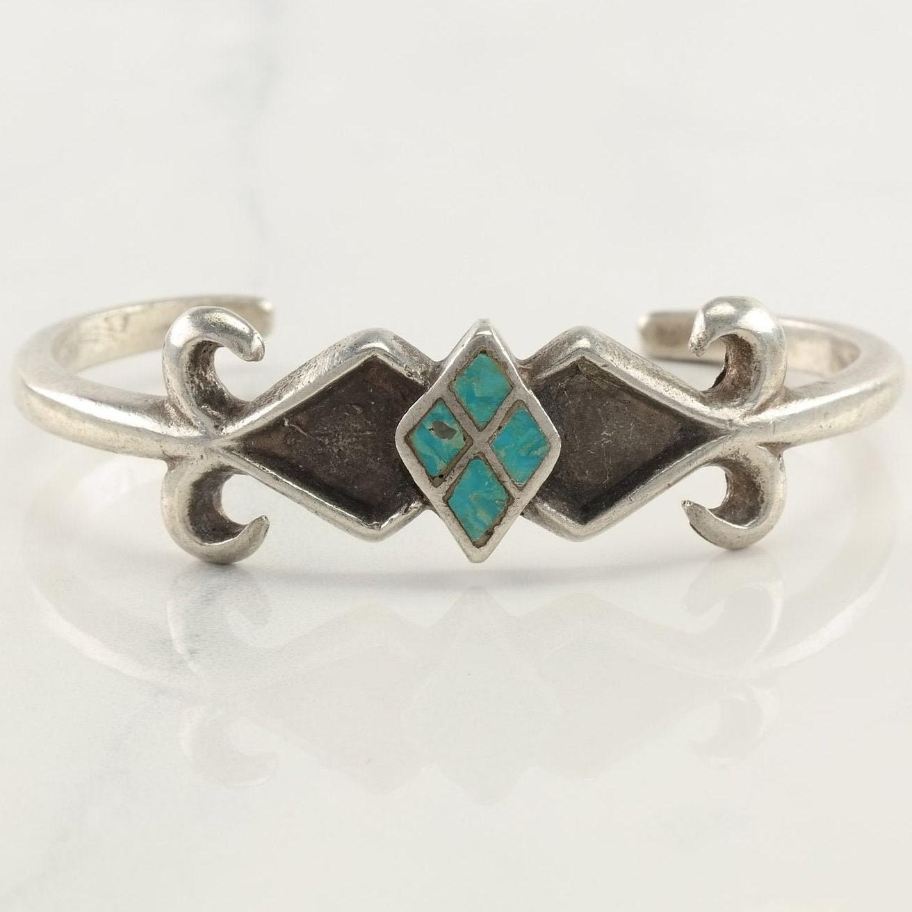 Native American Sterling Silver Cuff Bracelet Turquoise Inlay Sandcast