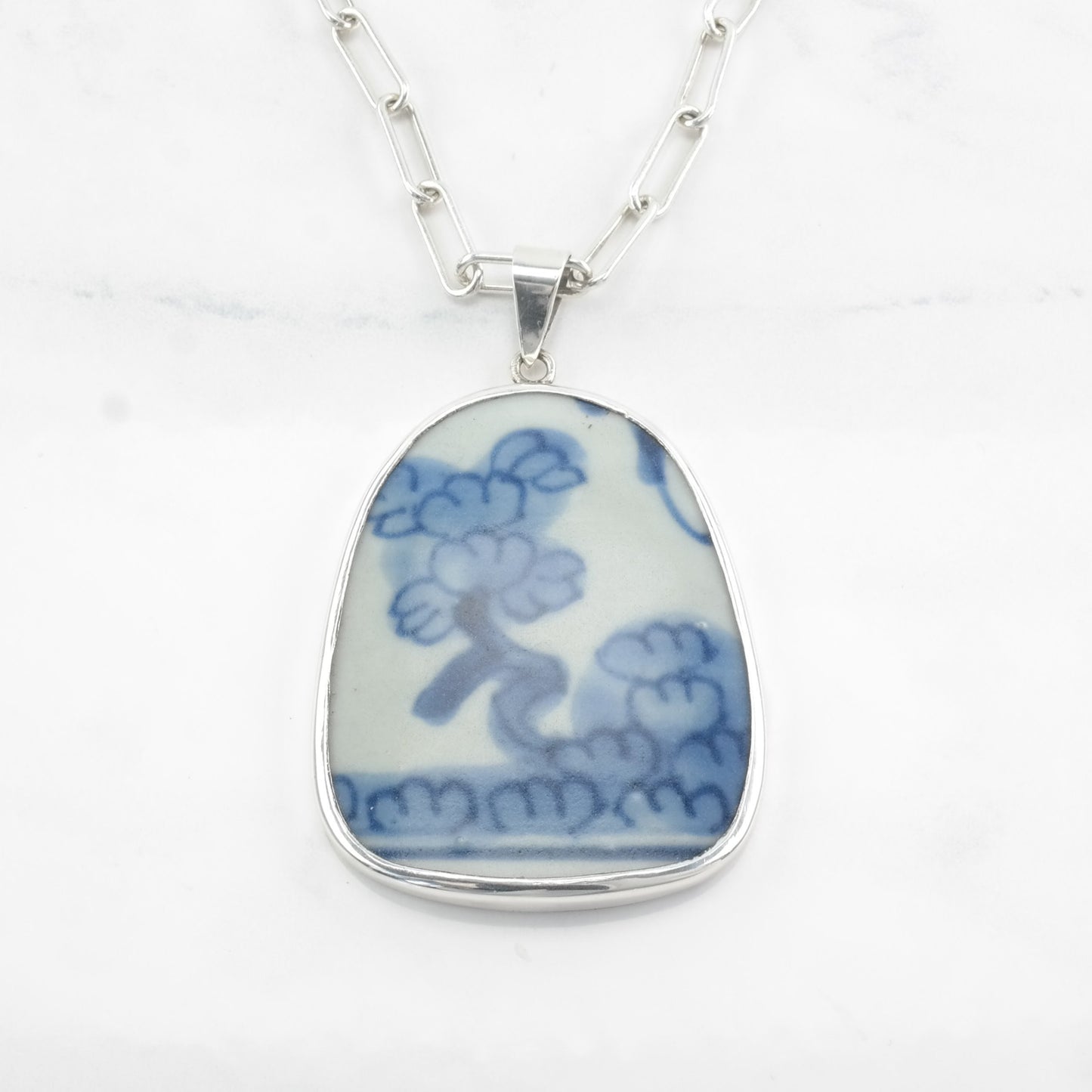 Vintage Chinese Sterling Silver Blue, White Painted Porcelain Trees Necklace