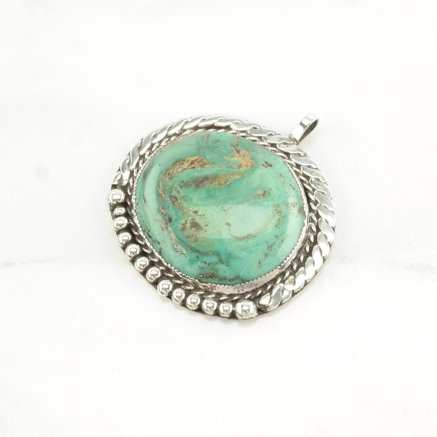 Vintage Native American Turquoise Rope Detail Sterling Silver Pendant