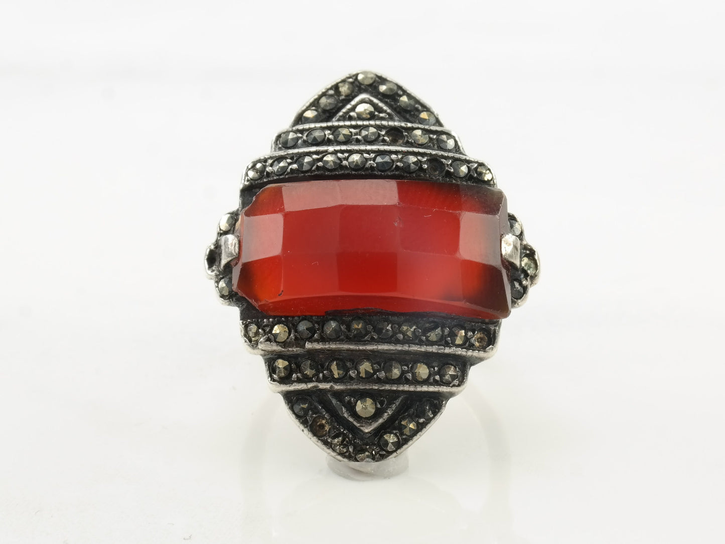 Antique Art Deco Silver Ring Carnelian Marcasite Sterling Size 3