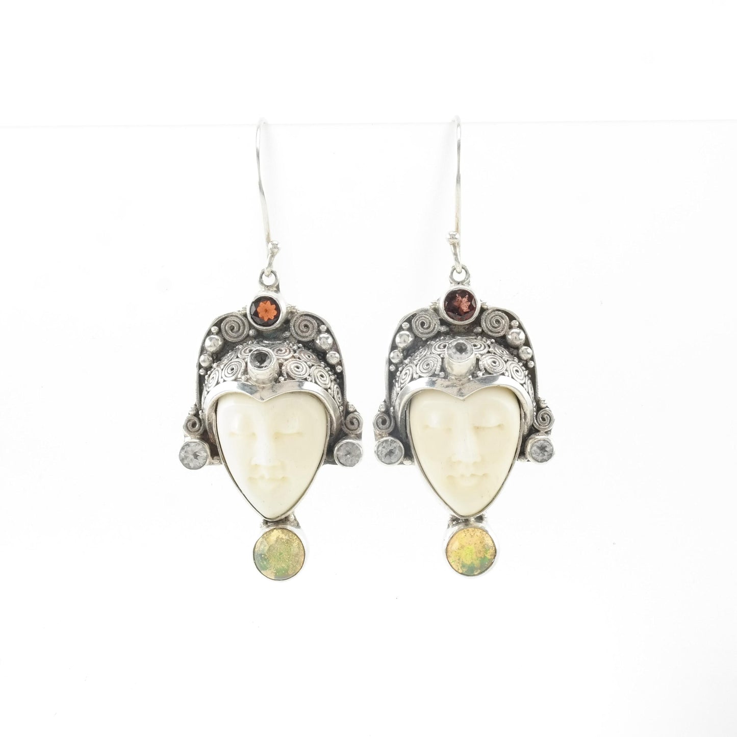 Vintage Carved Face Sterling Silver Fish Hook Earrings Opal