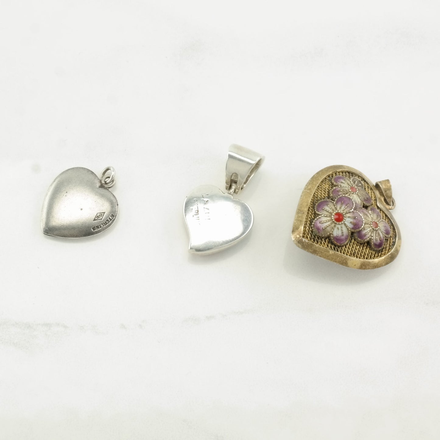 Vintage Enamel, Gemstone Inlay Heart Sterling Silver Pendant
