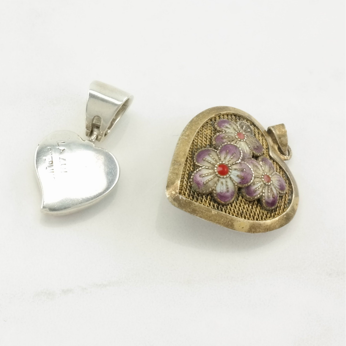 Vintage Enamel Flower, Gemstone Inlay Heart Sterling Silver Pendant P2225