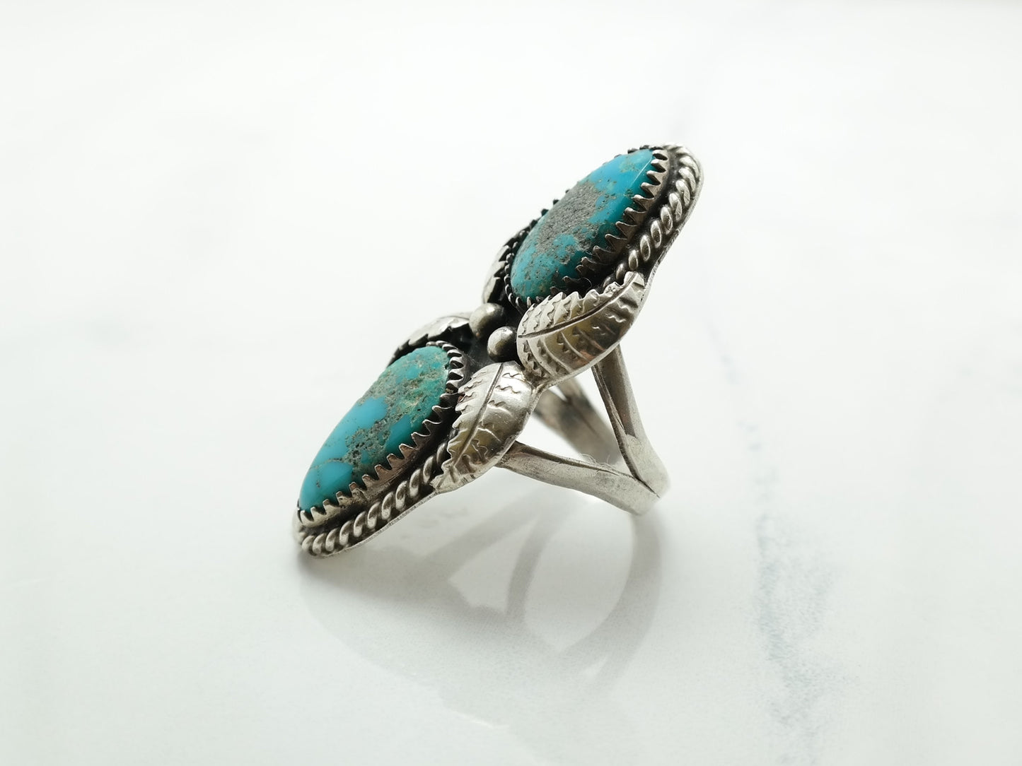 Vintage Native American Turquoise Ring, Sterling Silver Navette Ring with Leaf Design, Size 6 1/2