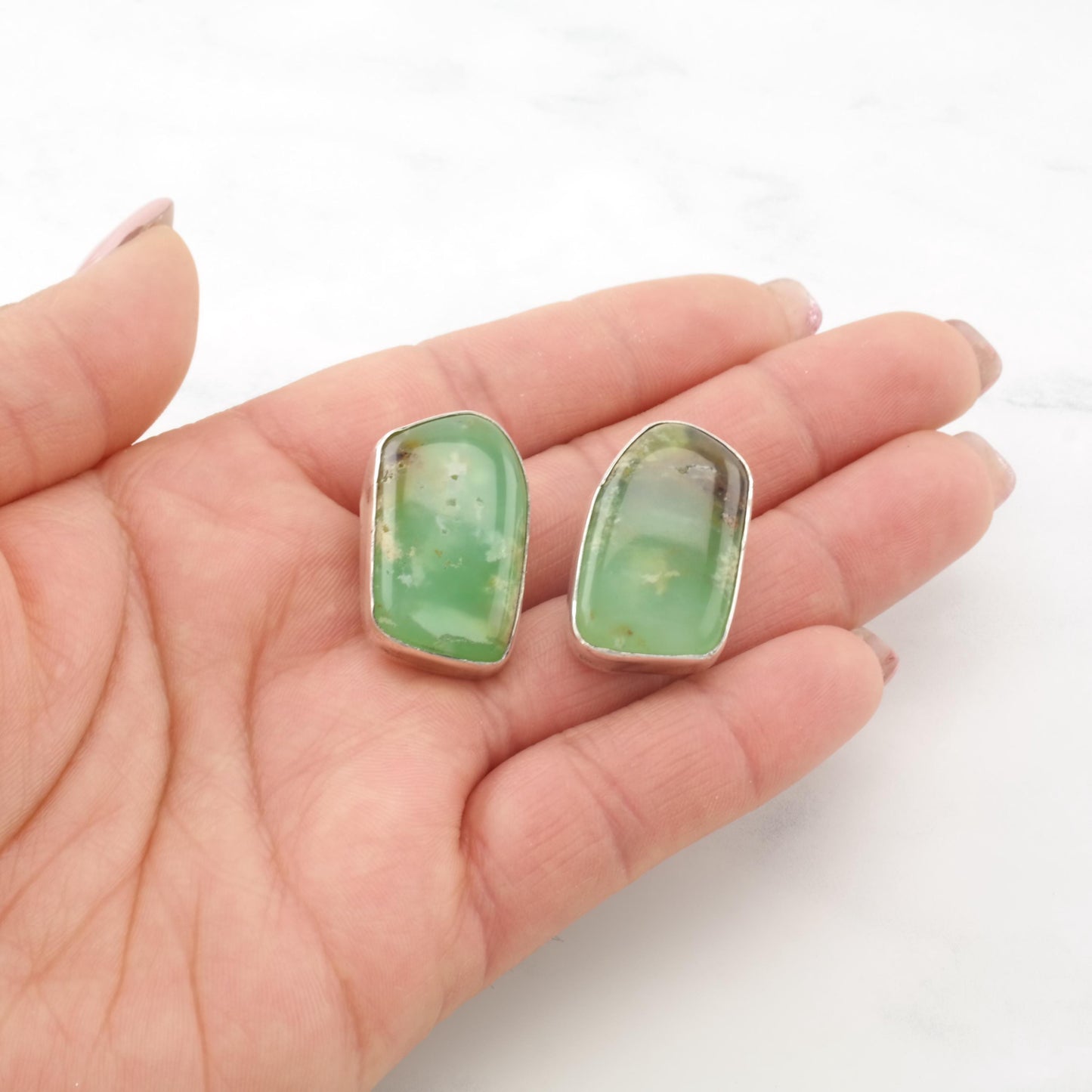 Vintage Southwest Green, Brown Chrysocolla, Gem Silica Sterling Silver Clip On Earrings