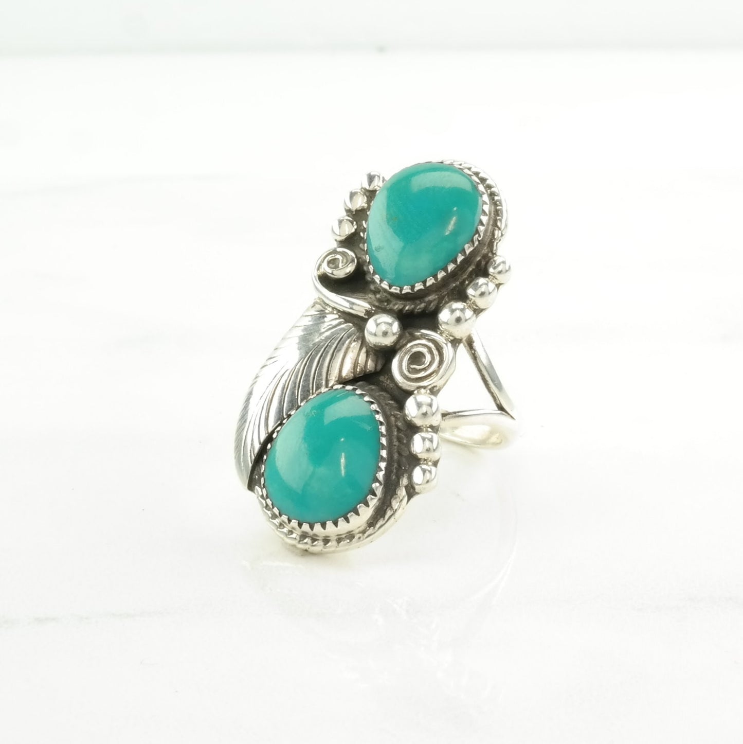 Vintage Native American Silver Ring Turquoise Leaf Sterling Blue Size 6 3/4