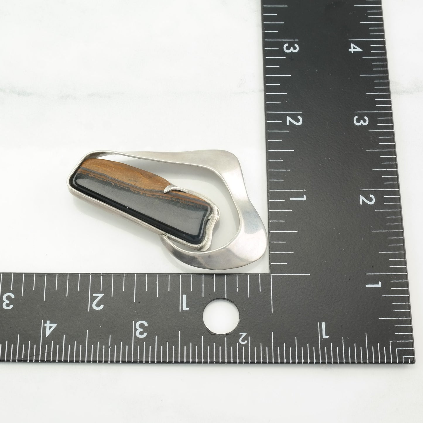 RWW Sterling Silver Tiger's Eye Brooch, Modernist Abstract Design, Signed, 1970s B1538