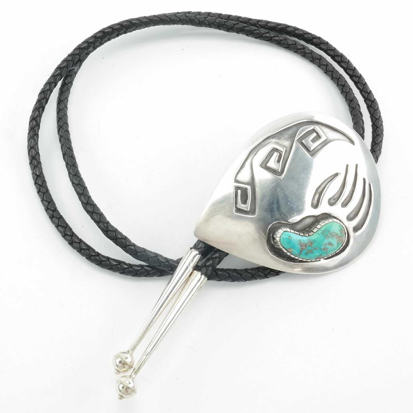 Vintage Navajo Sterling Silver Bolo Tie, Turquoise Bear Paw, Native American Jewelry, Southwestern Style, Mens Bolo Tie, 1970s