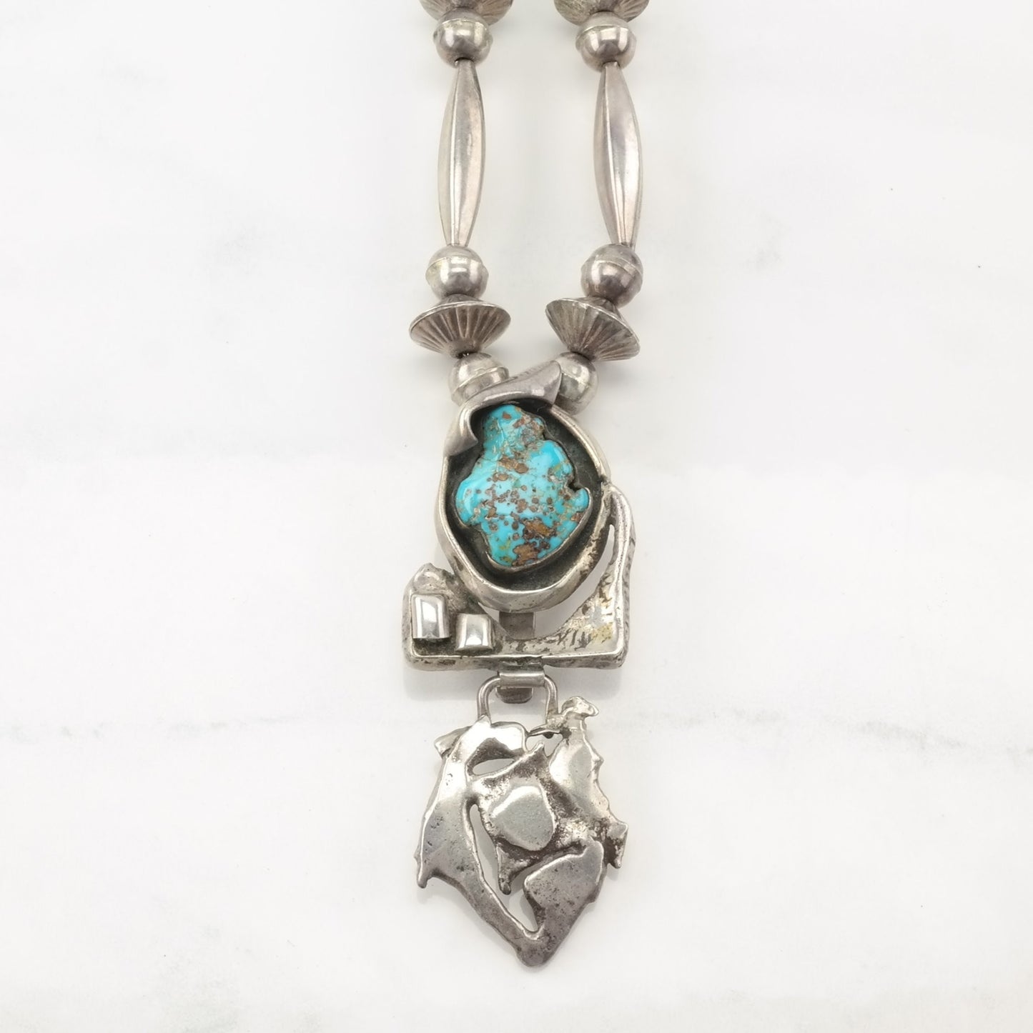 Vintage Native American Sterling Silver Blue Turquoise Brutalist Beaded Necklace
