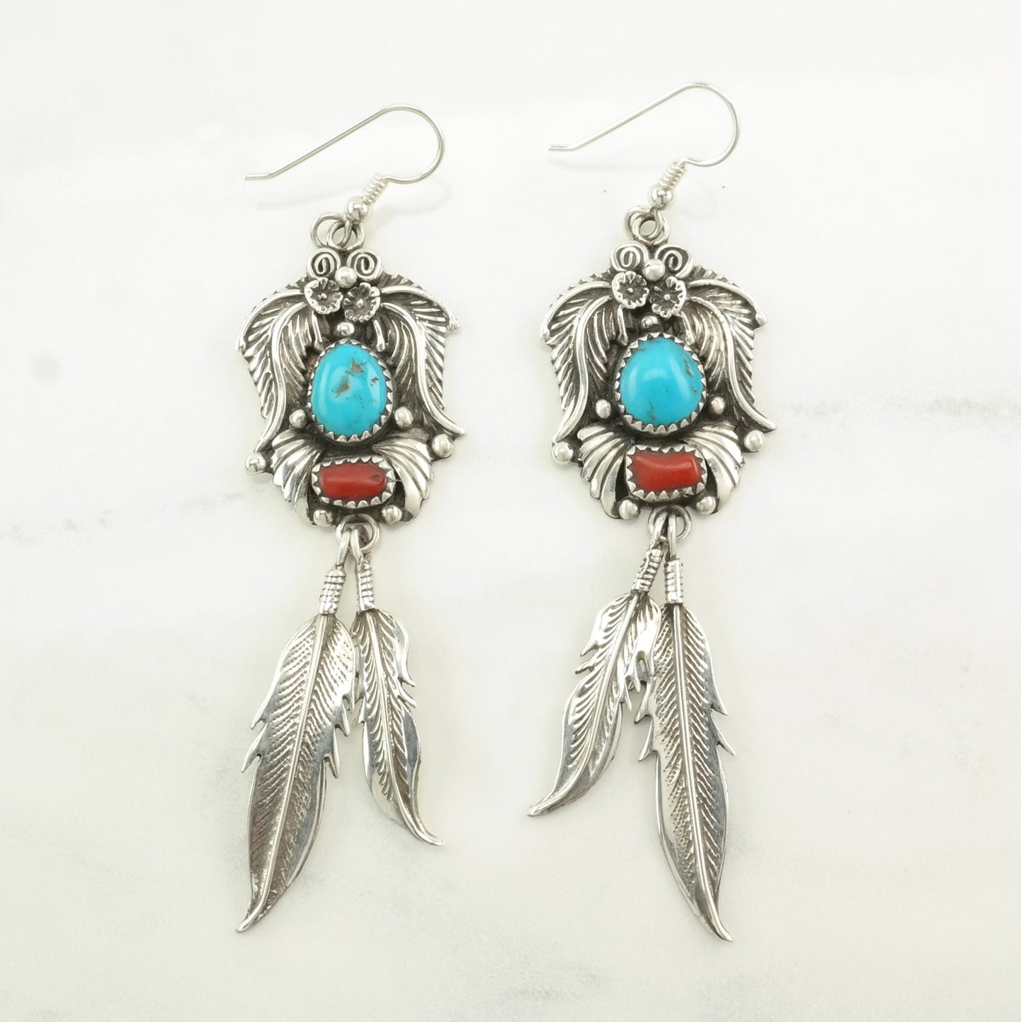 Native American Sterling Silver Turquoise, Coral Feather, Floral Earrings Fish hook