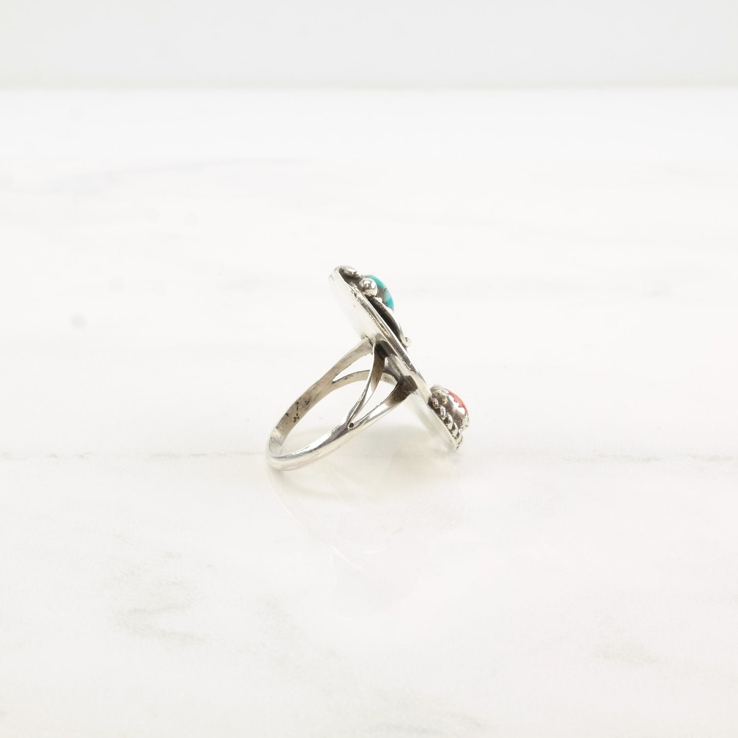 Native Silver Ring Turquoise Coral Leaf Flower Sterling Sz6 R4325