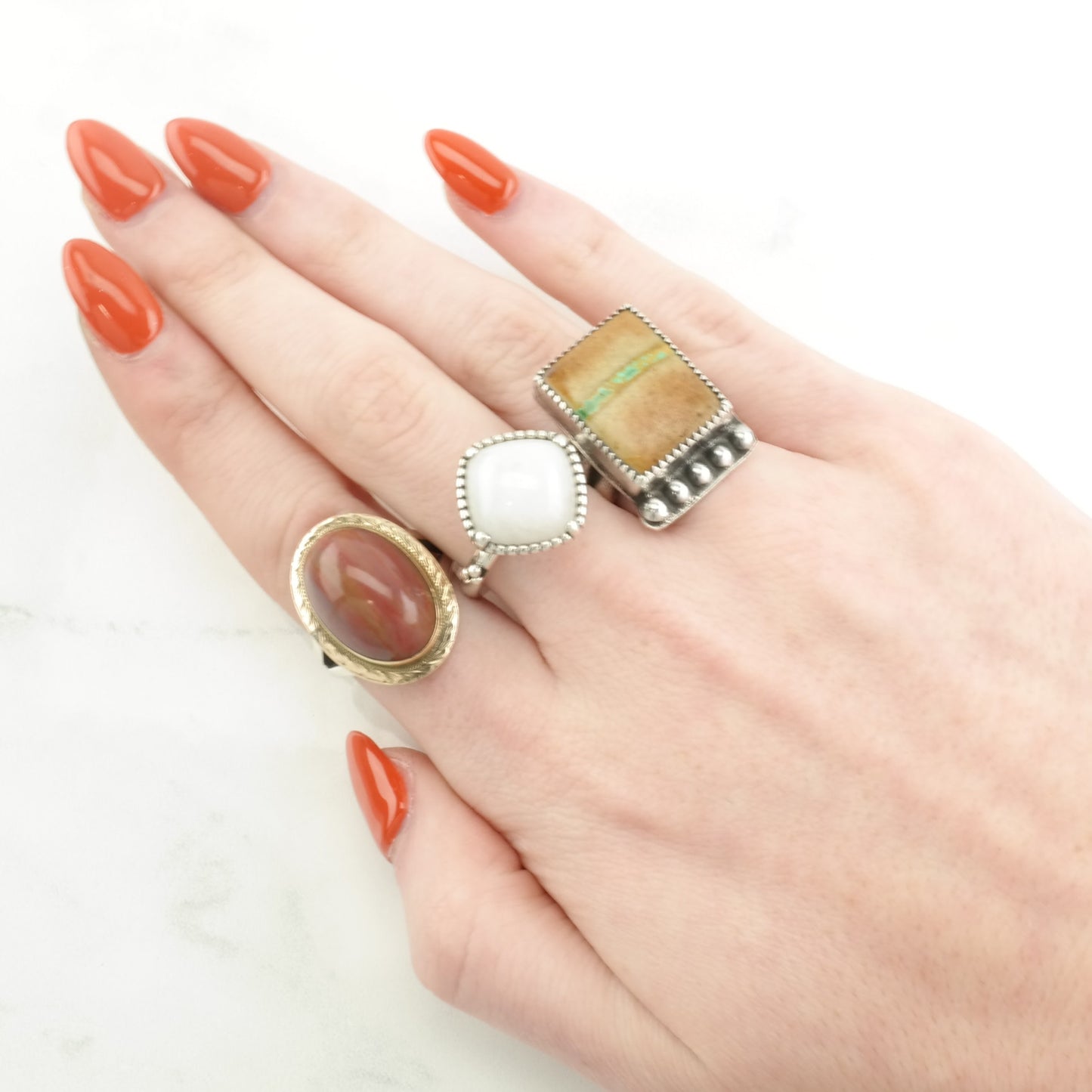 Vintage Sterling Silver Ring Agate Gold Toned Accents Red Size 7