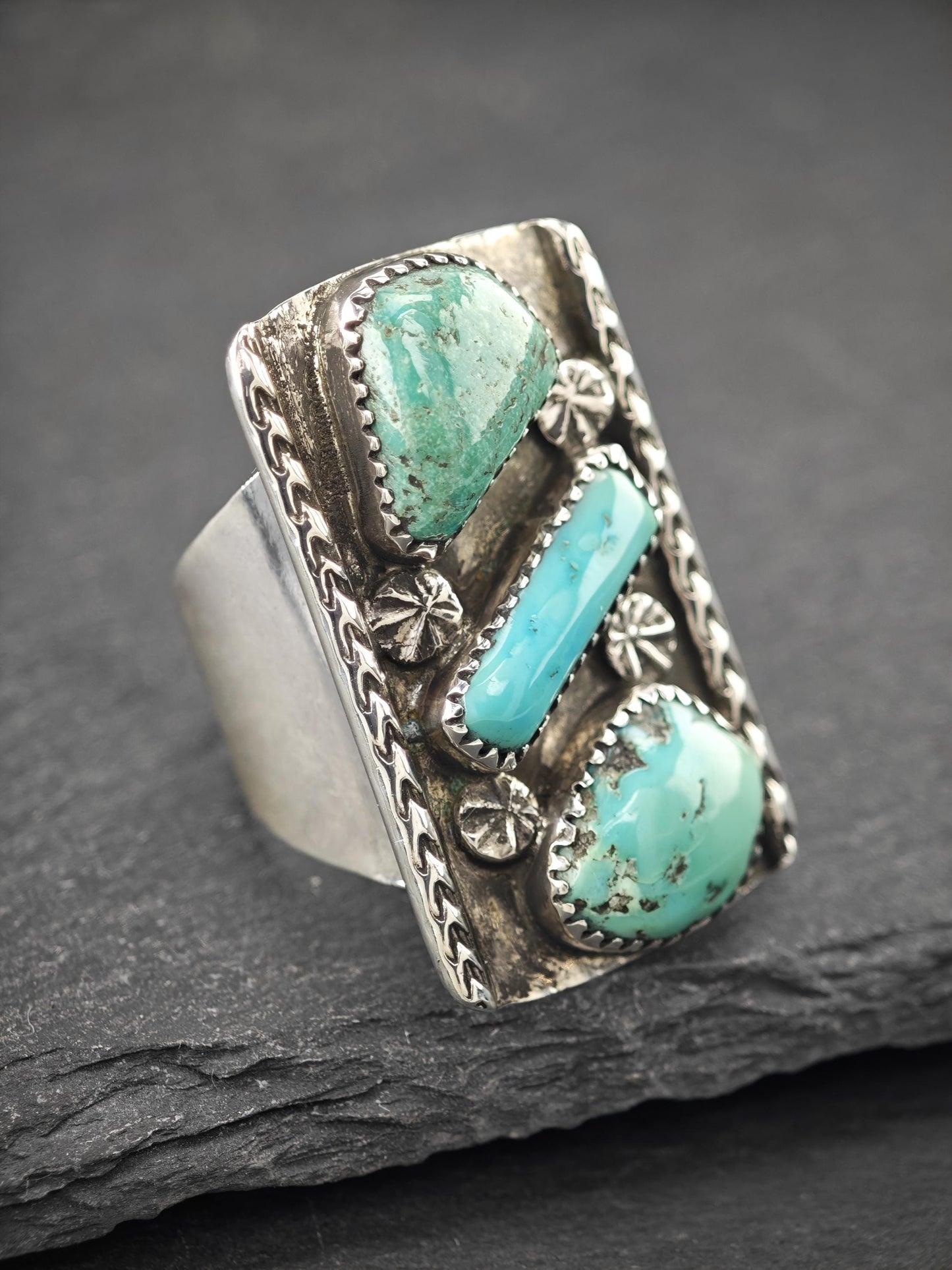 Large Native American, Green Turquoise Ring Sterling Silver