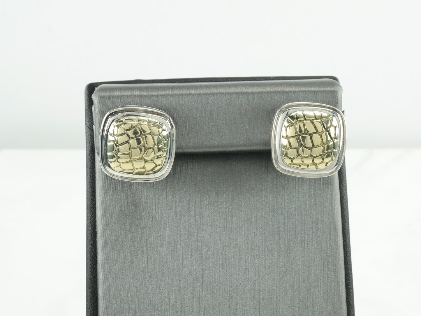 Krypell 14K Gold Sterling Silver Earrings Omega Back Posts Cushion Snakeskin